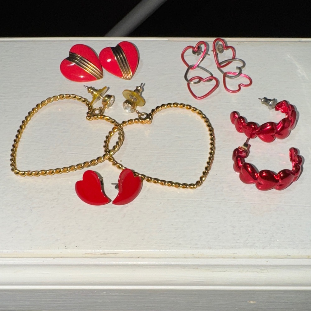 Heart-Shaped Red and Gold Earrings Set